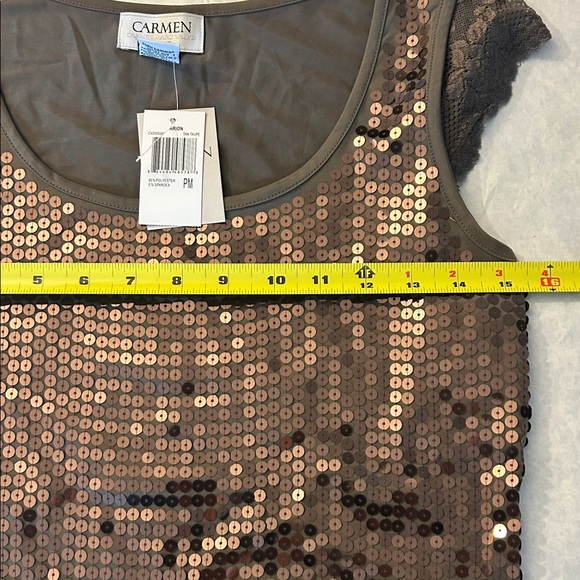 Carmen Marc Valvo Brown Sequin Cap Sleeve Blouse with lace - Picture 5 of 8